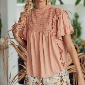 Free People Le Femme Ruffled Crochet Lace High Neck Blouse Winter Coral Size M